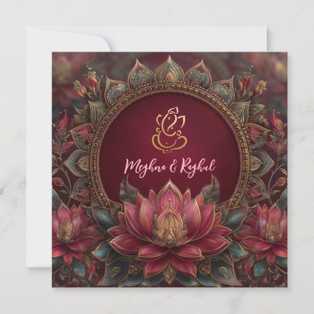 Invitación Boda indio de Dios Rosa Gold Lotus Ganesh (Anverso)