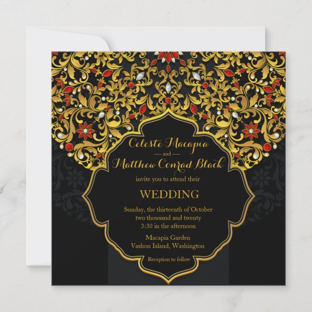 Invitación Boda indio de floral roja dorada con joyas Lux (Anverso)