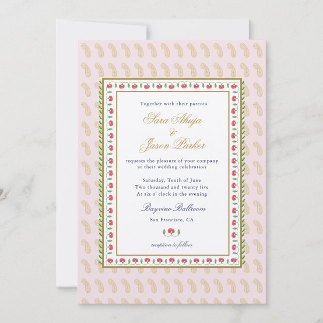 Invitación Boda indio de la frontera de las flores étnicas ro (Anverso)