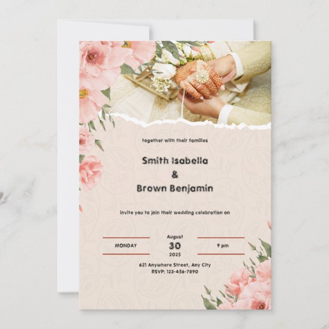 Invitación Boda indio de la frontera floral crema y rosa (Anverso)