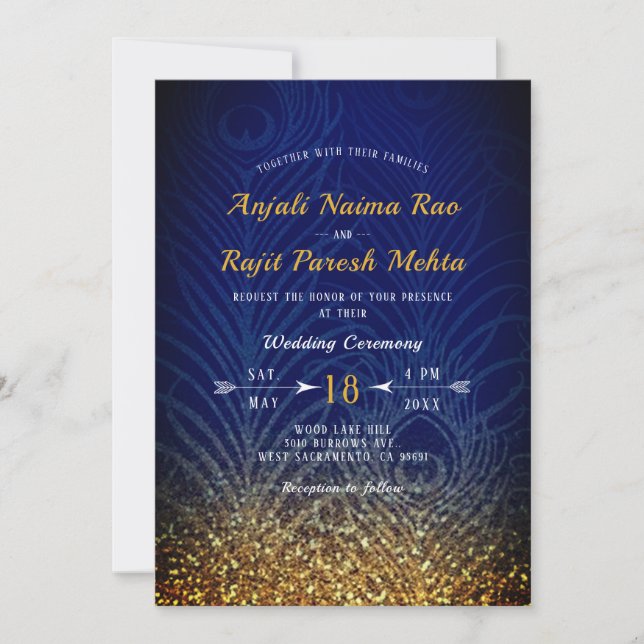 Invitación Boda indio de la pluma azul real y de oro (Anverso)