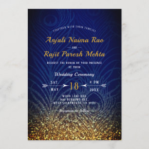 Invitación Boda indio de la pluma azul real y de oro