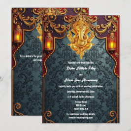 Invitación Boda indio de lujo en oro azul Lord Ganesh