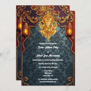Invitación Boda indio de lujo en oro azul Lord Ganesh