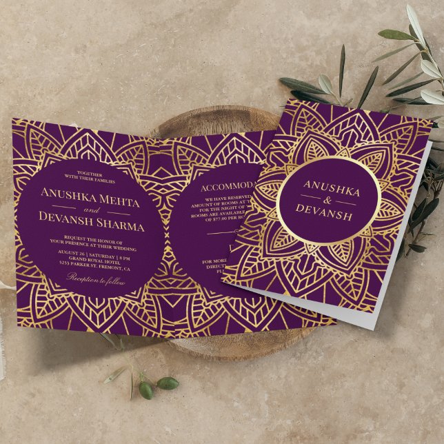Invitación Boda indio de Mandala de etnia morada y dorada (Subido por el creador)