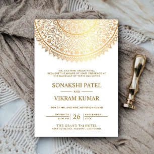 Invitación Boda indio de Mandala tradicional dorada blanca