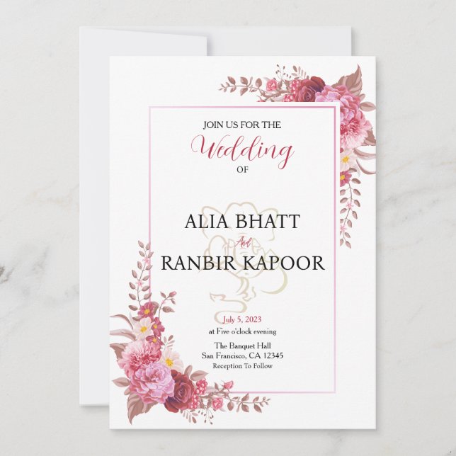 Invitación Boda indio de marco floral pastel (Anverso)