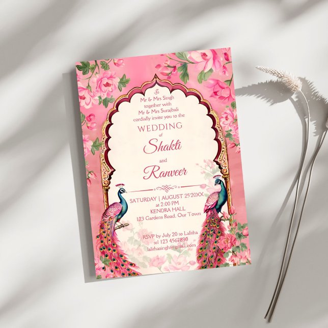 Invitación Boda indio de pavos reales rosados (Vintage pink peacocks arch frame Indian wedding Invitation editable template instant download)