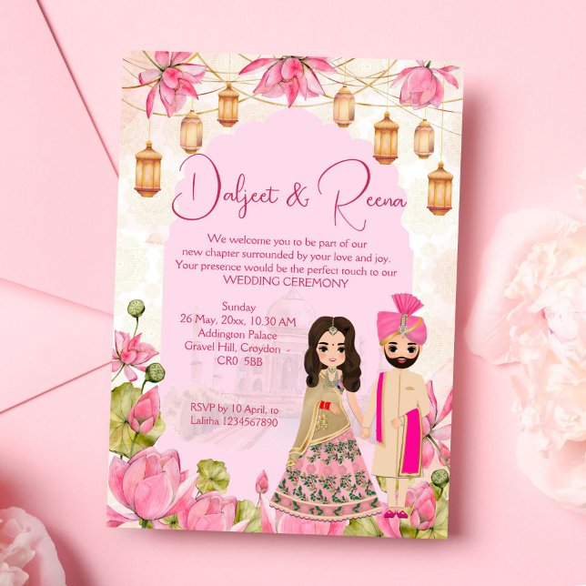 Invitación Boda indio de una linda pareja de rato rosado (Pink Lotus cute Indian bridal couple caricature Indian wedding Invitation editable template digital)