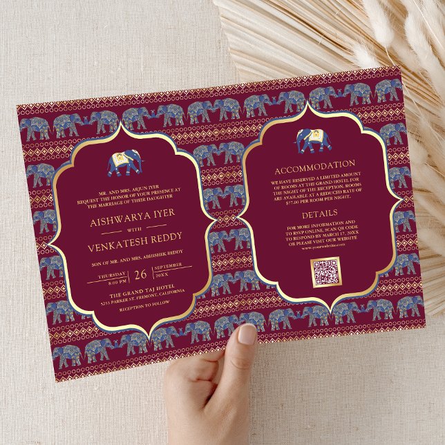 Invitación Boda indio del Elefante Azul de Oro de la Marina d (Subido por el creador)