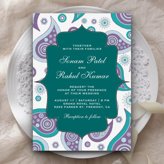 Invitación Boda indio del patrón verde azulado de Mauve Paisl (Subido por el creador)