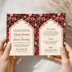 Invitación Boda indio floral de color rojo marrón vintage