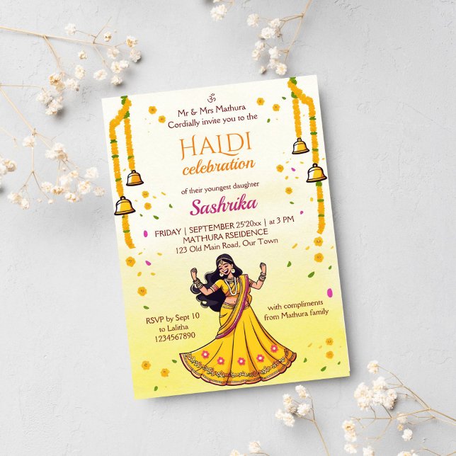Invitación Boda indio Haldi pithi novia personalizado (Haldi Indian wedding template invitation digital download dancing Indian bride cartoon marigolds)