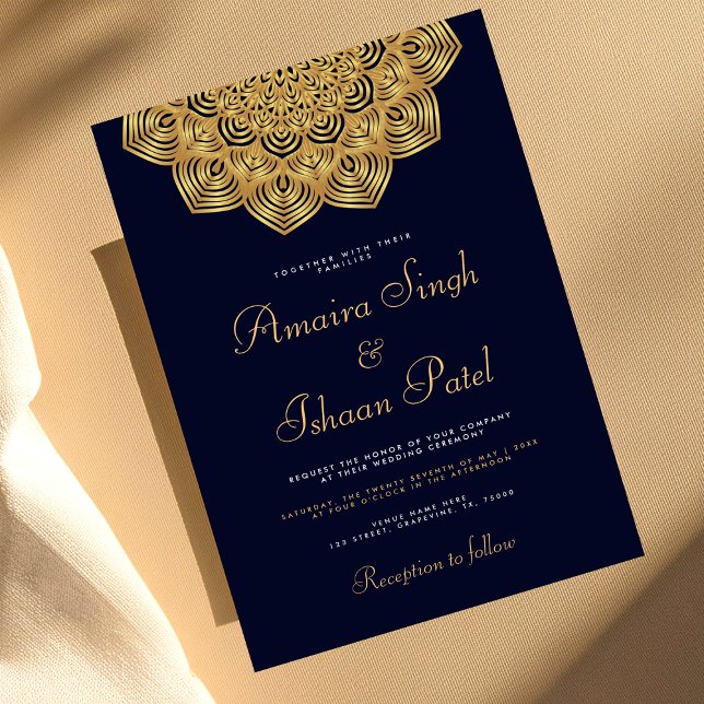 Invitación Boda indio Mandala, oro tradicional azul marino (Subido por el creador)