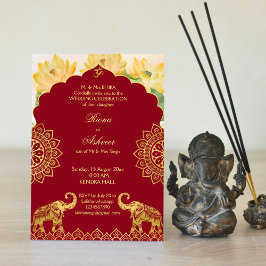 Invitación Boda indio maroon gold elefant lotus