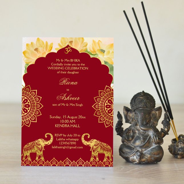 Invitación Boda indio maroon gold elefant lotus (Subido por el creador)