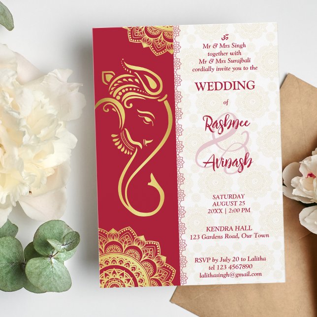 Invitación Boda indio maroon y oro Ganesha mandala (Subido por el creador)