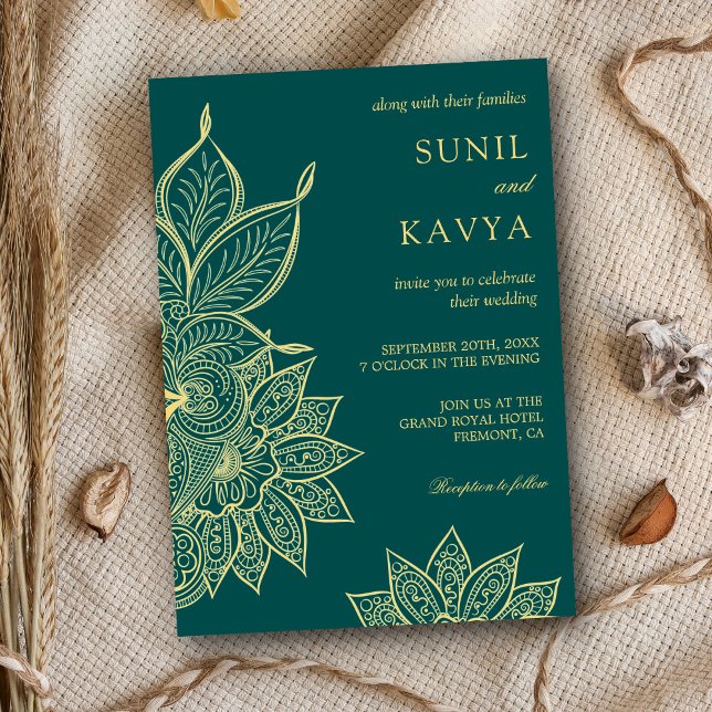 Invitación Boda indio Mehendi Henna Green Sea Gold (Subido por el creador)