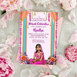 Invitación Boda indio Mehndi linda novia de color rosa