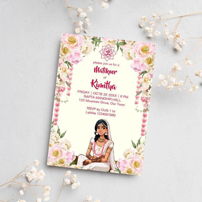 Invitación Boda indio Mehndi linda novia en marfil rosa (Matikoor Haldi Mehndi Indian wedding cute bride in ivory pink Invitation template digital download)