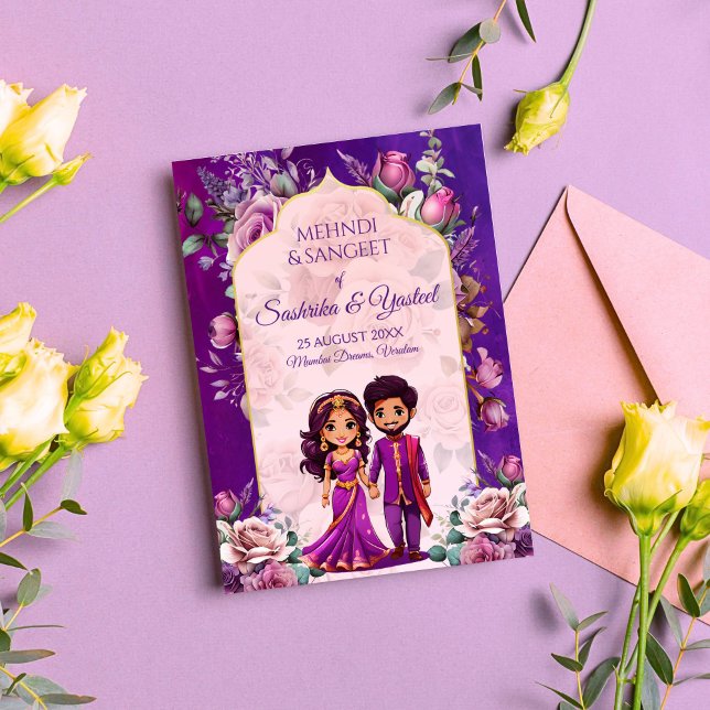 Invitación Boda indio Mehndi morada linda pareja de novias (Indian wedding Mehndi Sangeet purple cute bridal couple caricature Invitation template download)