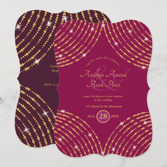 Invitación Boda indio moderno Cerise Purple Gold (Anverso / Reverso)