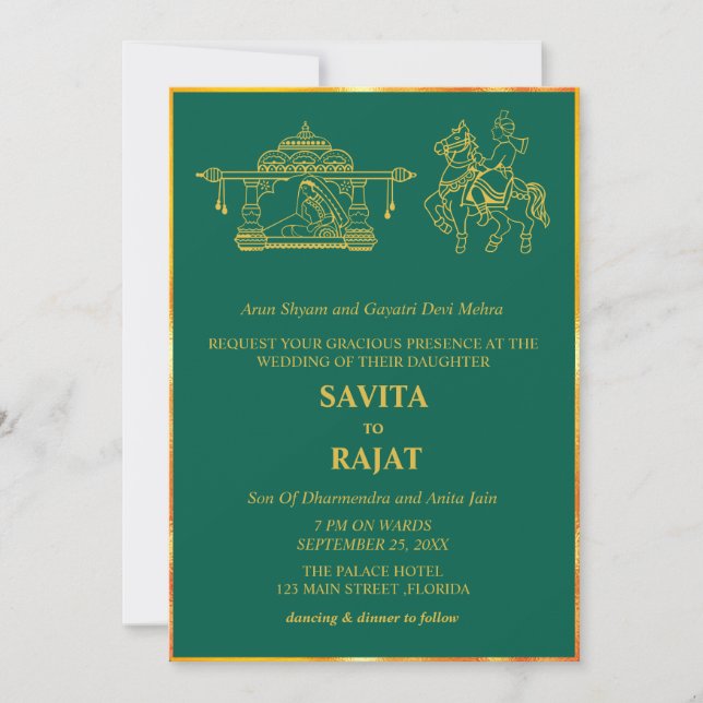 Invitación Boda indio moderno verde esmeralda (Anverso)