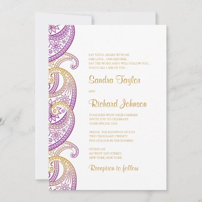 Invitación Boda indio Paisley Purple & Gold (Anverso)