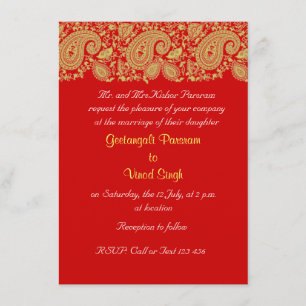 Invitación Boda indio paisley rojo y dorado