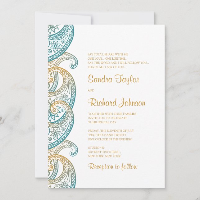 Invitación Boda indio Paisley Verde azulado y Gold (Anverso)