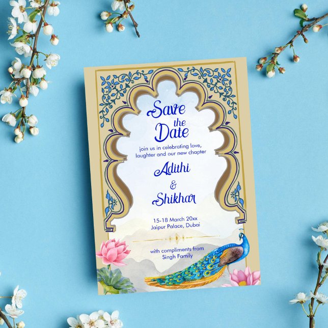 Invitación Boda indio pavo real Rajastán azul ventana (Indian wedding save the date Rajastan blue window with peacock and lotus template invitation instant)