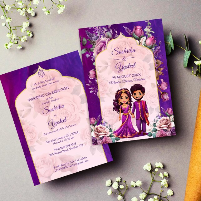 Invitación Boda indio púrpura rosa linda pareja de novias (Indian wedding purple pink cute bridal caricature couple invitation template instant download)