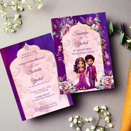 Invitación Boda indio púrpura rosa linda pareja de novias