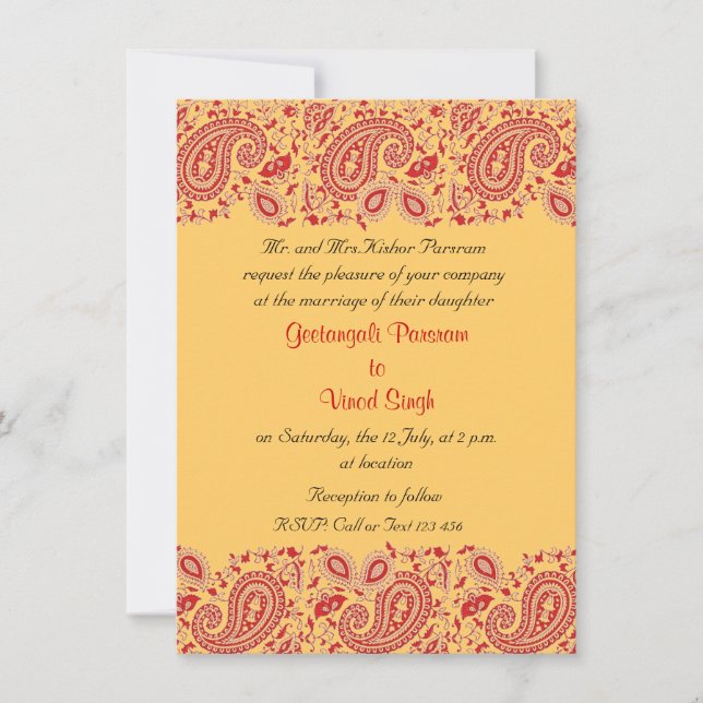 Invitación Boda indio rojo y dorado (Anverso)