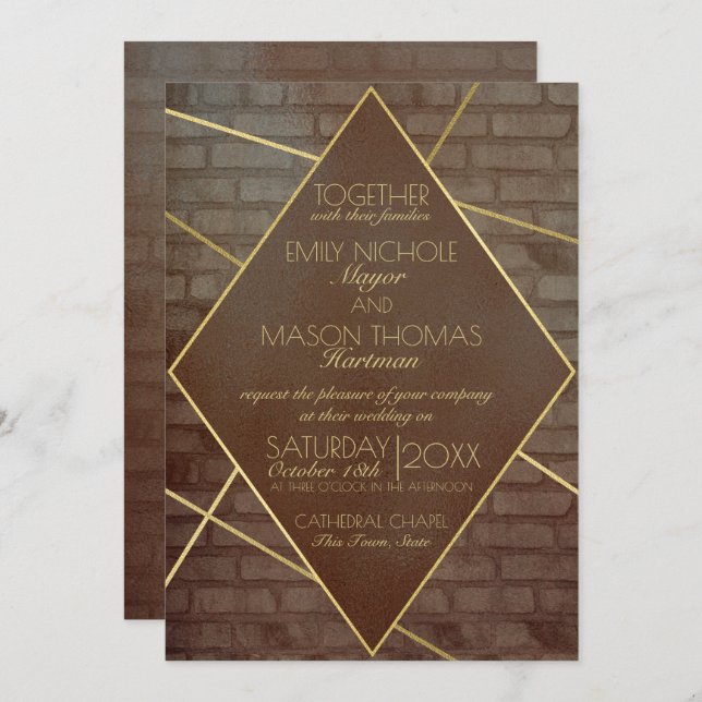 Invitación Boda industrial de ladrillo y bronce (Anverso / Reverso)