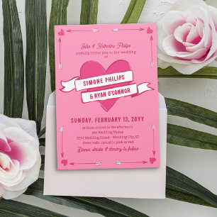 Invitación Boda informal con corazón romántico rosa, flechas 
