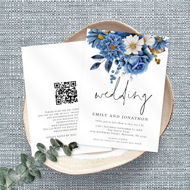 Invitación Boda informal de guiones de Marina Blue Florals (Subido por el creador)
