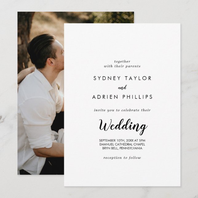 Invitación Boda informal fotográfico de caligrafía simple (Anverso / Reverso)