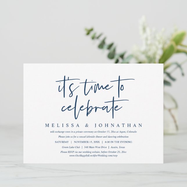 Invitación Boda informal fuga, Es hora de celebrar (Anverso de pie)