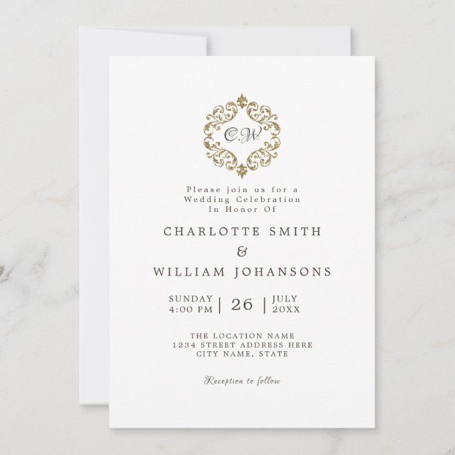 Invitación Boda inicial de marco dorado simple y elegante bla (Anverso)
