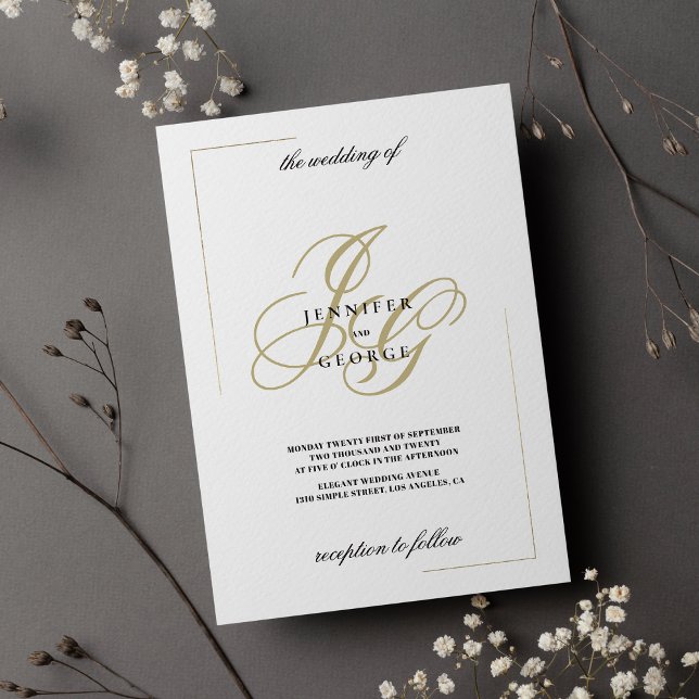 Invitación boda inicial de monograma de oro blanco minimalist (Minimalist white gold monogram initial wedding invitation )