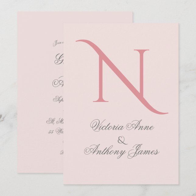 Invitación Boda inicial de monograma rosa (Anverso / Reverso)