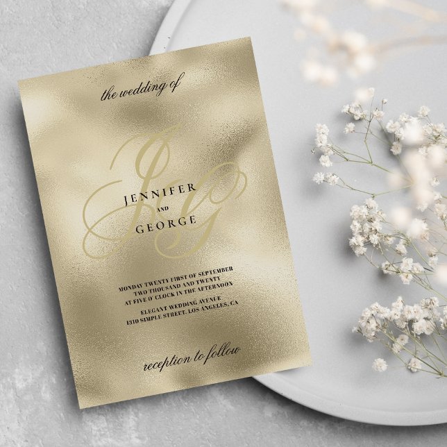 Invitación Boda inicial de oro y monograma negro de lujo (Luxury gold and black monogram initial wedding invitation )
