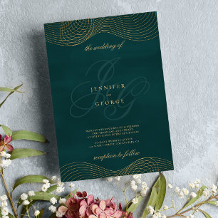 Invitación Boda inicial del monograma de oro verde oscuro geo