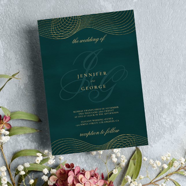 Invitación Boda inicial del monograma de oro verde oscuro geo (Geometric dark green gold monogram initial wedding)