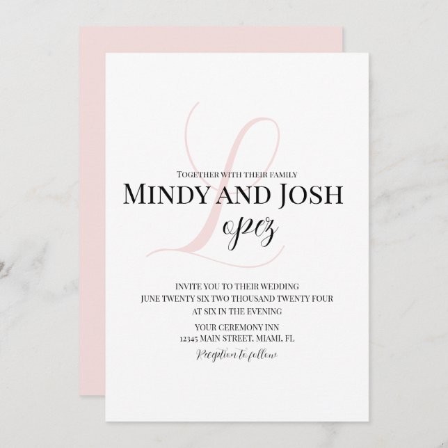 Invitación Boda inicial rosado con guión elegante (Anverso / Reverso)