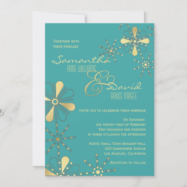 Invitación Boda inspirada india de la turquesa y del oro (Anverso)