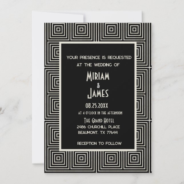 Invitación Boda inspirado en el estilo Art Decó blanco y negr (Anverso)