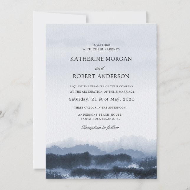 Invitación Boda inspirado en el paisaje azul acuático (Anverso)