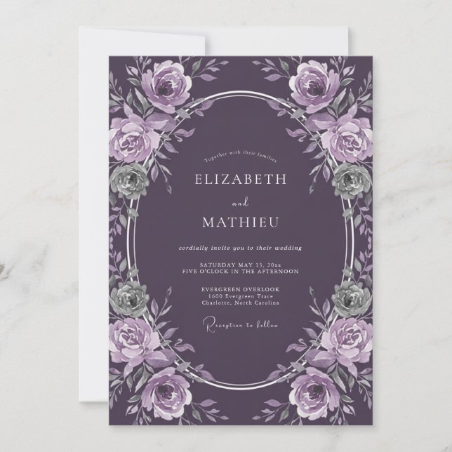Invitación Boda Invernal Atmosférica de Berenjena (Anverso)